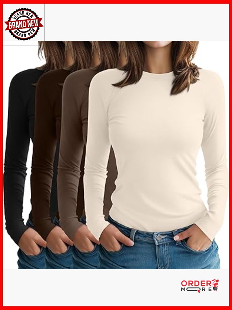 4 Pack Long Sleeve Crew Neck Tops Slim Fit Cotton Blend Stretch Basic Tees